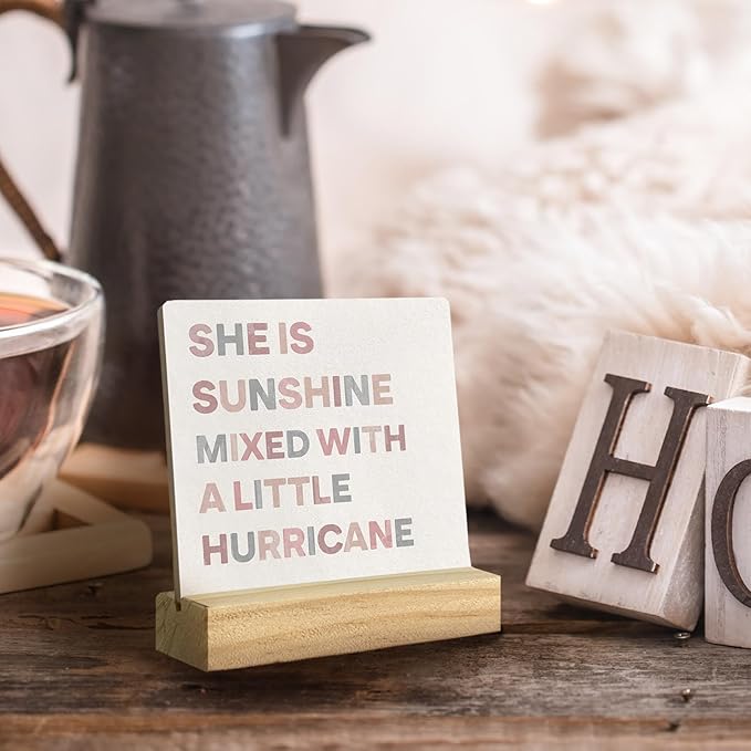QASHWEY Boho Nursery Baby Girl Room Decor, Boho Desk Shelf Decor Wood Table Signs, She is Sunshine Mixed with a Little Hurricane Wooden Plaque with Wooden Stand for Home Nursery