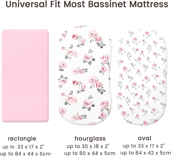 PHF 3 Pack Soft Bassinet Sheets, Rose Floral Breathable Comfy Cradle Sheets for Baby Girls, No Slip Universal Fit for Most Cradle and Bassinet Mattress, Rose Floral