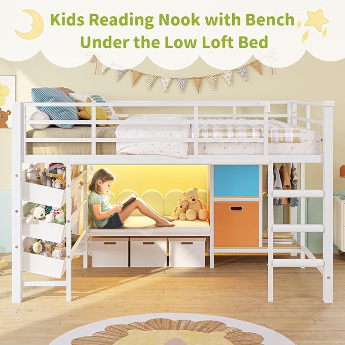 DICTAC Low Loft Bed Twin Size with Reading Corner Metal Twin Loft Bed with LED Lights,Sling Drawers and Bookshelf,loft Bed with Storage Basket and Bins,13.98" H Safety Guardrail and Stairs,White