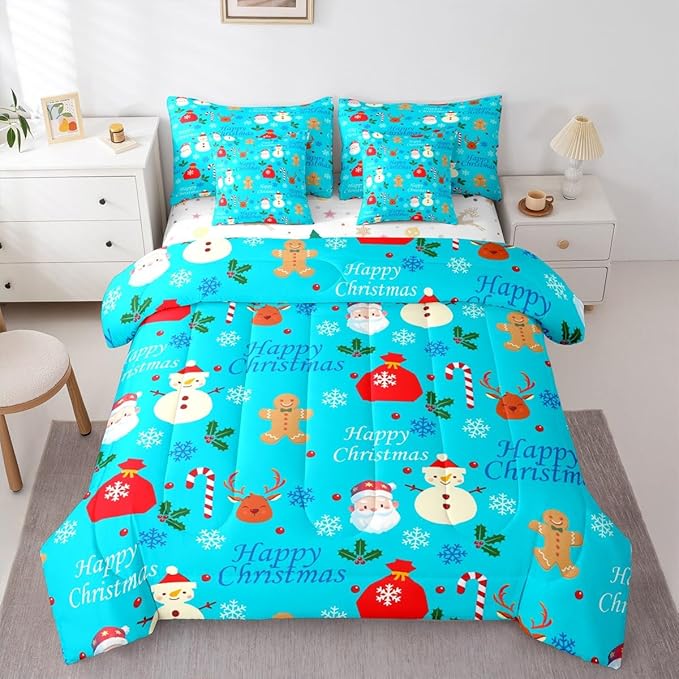Christmas Deer Comforter Set With Sheets 7 Piece King Size Cute Gingerbread Man Bedding Set for Kids Boys Girls Christmas Santa Claus Bed in a Bag Reversible Xmas Decor Room Decor Soft Lightweight