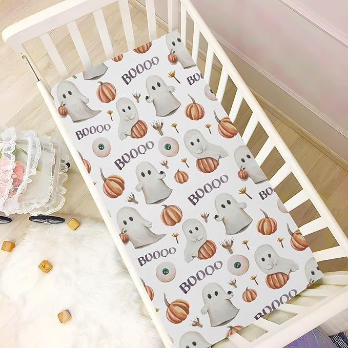 Ghosts Pumpkins Halloween Crib Sheets Soft Breathable Fitted Baby Crib Sheets Mattress Cover for Girl Boys, 52" x 28" x 9"