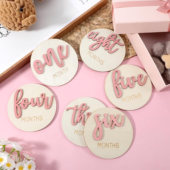 6 Pcs Baby Monthly Milestone Signs, Double Sided Wooden 3D Milestone Markers Disc from 1-12 Months 4 Inch Newborn Age Announcement Sign for Photo Props (Pink)