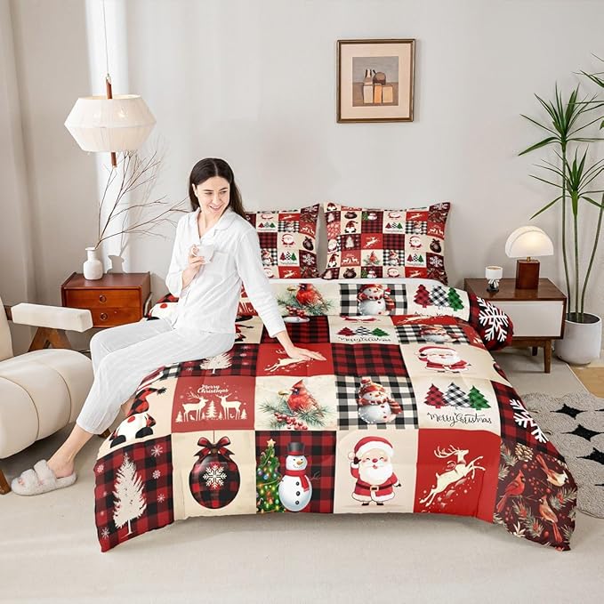 Christmas Comforter Set Full Size,Red Plaid Holiday Design Bedding Set 3pcs,Snowman Santa Claus New Year Patchwork Down Comforter for All Season, Kids Boys Girls Room Decor,2 Pillowcases,No Sheets