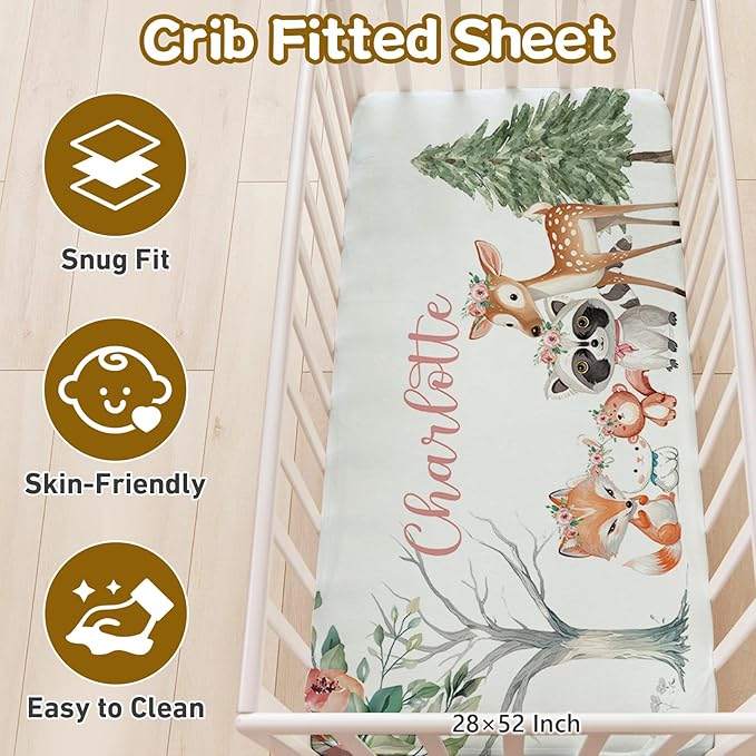 Personalized Baby Bedding Set - 5 Pcs Custom Name Bedding Crib Set for Girls Boys, Soft Toddler Crib Set for Infant Customized Gifts, Pink Forest Animals