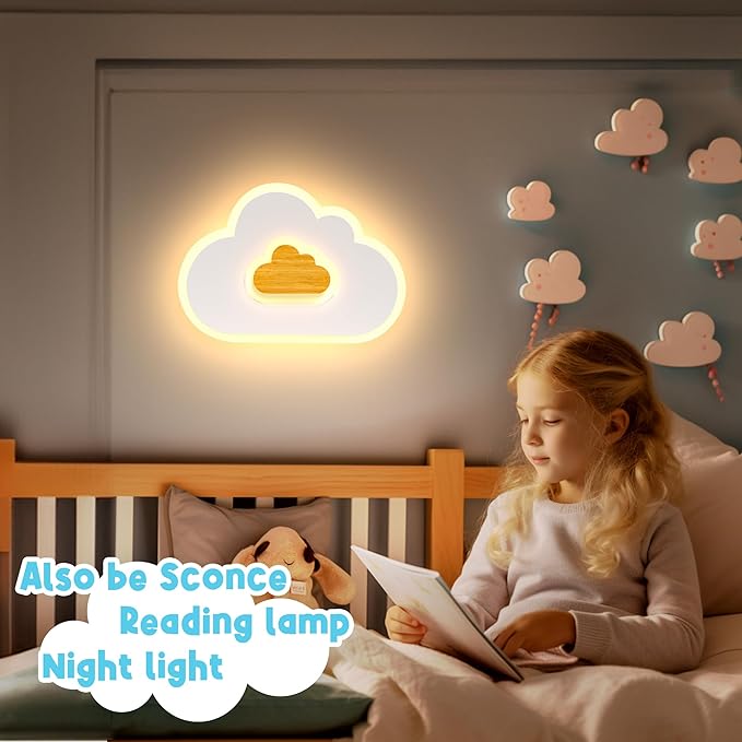 LED Ceiling Light Fixture 23.7in Dimmable Children Cloud Lights for Ceiling with Remote Control 36W Creative Wooden Bedroom Ceiling Light for Kids Room Bedroom Living Room