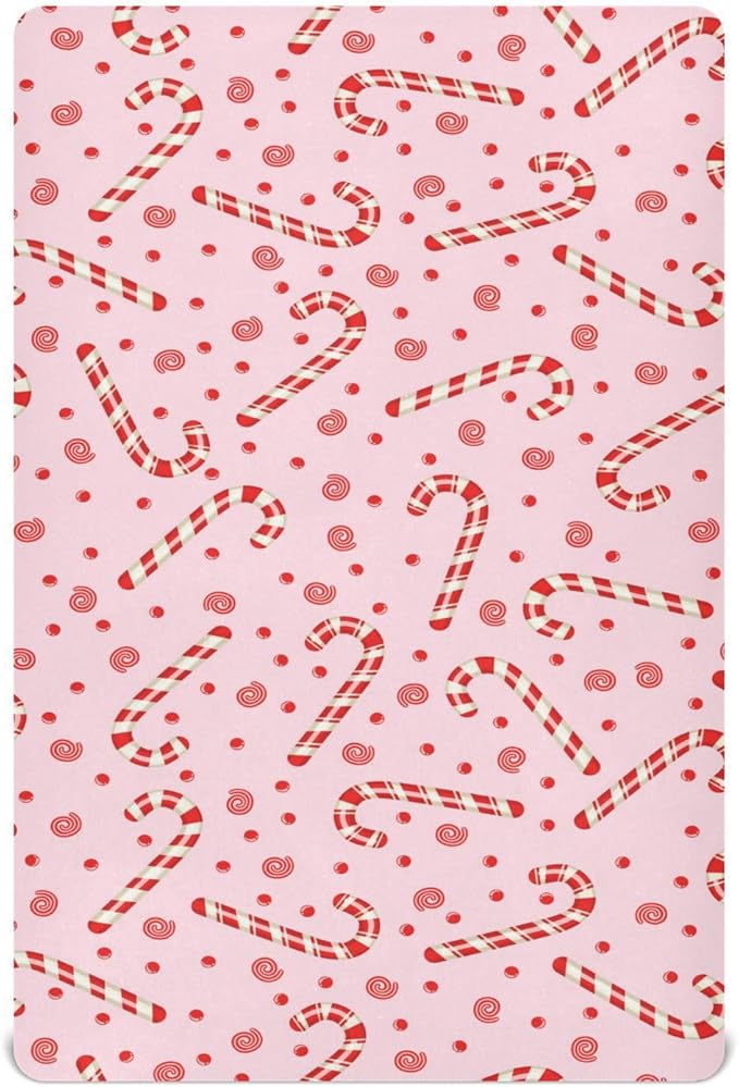 Candy Cane Christmas Pink Crib Sheets Soft Breathable Fitted Baby Playard Sheets Mattress Cover for Girl Boys, 39" x 27" x 5"