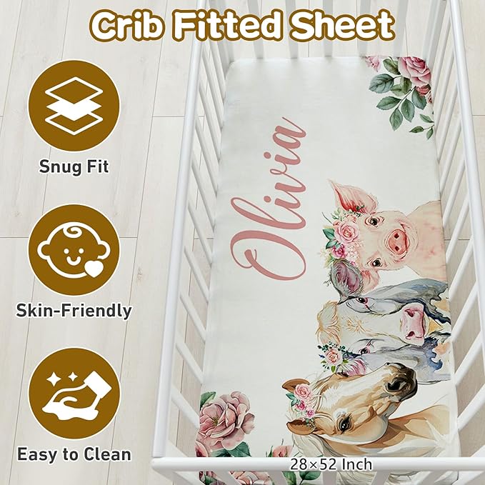 Custom Name Crib Bedding Set, 3 Pcs Personalized Baby Crib Bedding Set, Soft Flower Animals Nursery Crib Sets for Boys Girls, Double Layer Toddler Bedding Set Customized Gifts for Newborn Kids