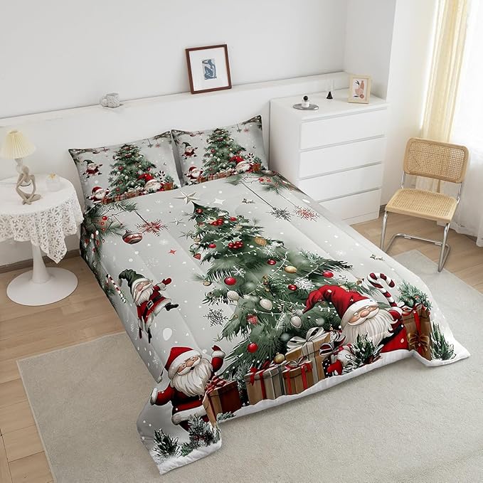 Merry Christmas Comforter Set Queen Size,Christmas Tree Snowflake Bedding Set for Kids Boys Girls Room Decor,Santa Claus X'mas Theme Duvet Insert 3Pcs,Star Polka Dot Glitter Quilt Set,2 Pillowcases