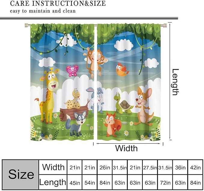 Animal Curtains, Cartoon Cute Woodland Jungle Forest Animals Pattern Blackout Window Treatments, Rod Pocket Thermal Insulated Drapes 2 Panel Sets for Kids Nursery Bedroom Classroom, 42" W X 54" L