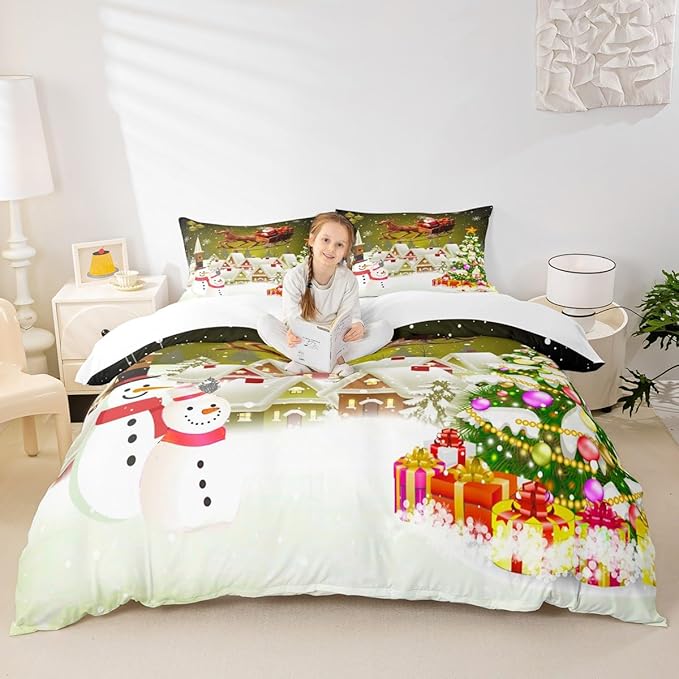 Manfei Christmas Duvet Cover Set Twin Size, Xmas Tree Snowman Comforter Cover with 1 Pillowcase, Santa Claus with Deer Bedding Set for Kids Boys Girls New Year Theme Bedspread Cover, No Comforter