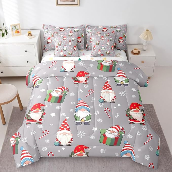 Christmas Gnomes Comforter Set With Sheets 7 Piece Queen Size Cute Snowflakes Candy Bedding Set for Kids Boys Girls Grey Bed in a Bag Reversible Xmas Decor Room Decor Soft Lightweight Microfiber