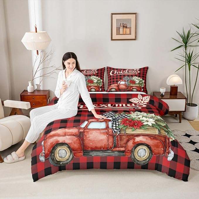 Kids Christmas Truck Comforter Set Full Size,Floral Leaves Romantic Bedding,Girls Boys Adults Bedroom/Xmas Cabin Decor,Geometric Plaid Retro Down Comforter,Rustic Farm Duvet Insert,2 Pillowcases