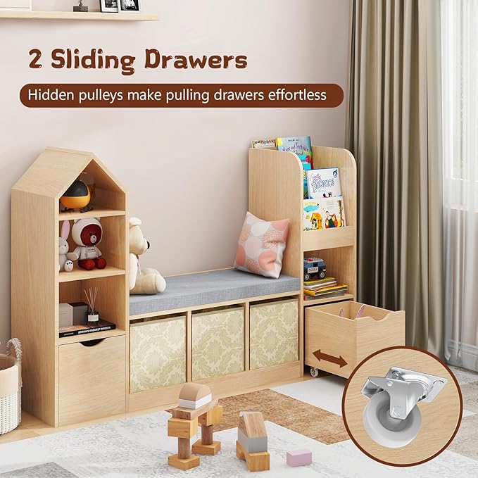 Kids Bookcase with Reading Nook, Bench Kids Bookshelf with 7 Storage Cubbies and 2 Movable Drawers, Multi-Purpose Toy Storage Organizer with Seat Cushion for Playroom, Bedroom, Living Room, Oak