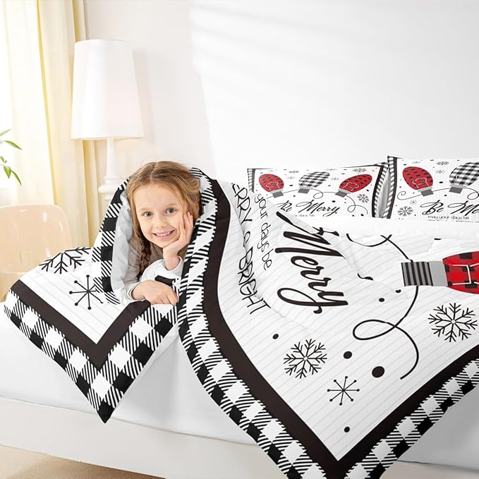 Merry Christmas Kids Comforter Set Twin Size,Geometric Grids Stylish Bedding,Girls Boys Adults Bedroom/Xmas Cabin Decor,Snowflake Bells Down Comforter,Rustic Farmhouse Duvet Insert,1 Pillowcase