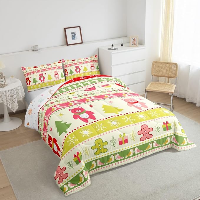 Erosebridal Merry Christmas Comforter Set Kids Queen Size Xmas Tree Decor Quilts Snowflake Bedding Set Cute Colourful Bear Duvet Insert with 2 Pillow Cases