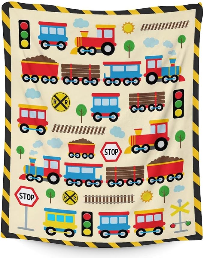 Train Throw Blanket Gift for Boys - 30" x 40" Inches Lightweight Warm Throw for Lap, Couch, Office - Yellow Cute Blanket for Girls Kids