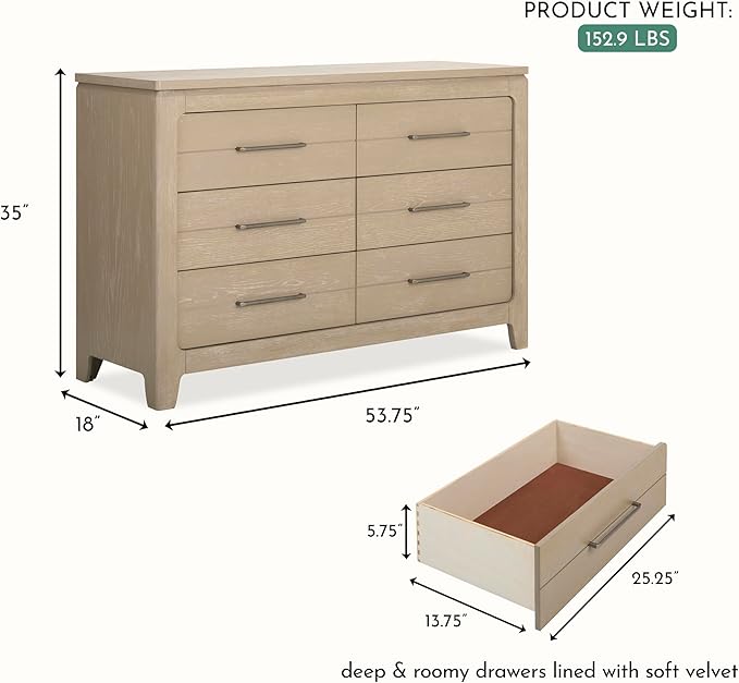 Evolur Oakley Double Dresser – 6 Drawer Nursery & Bedroom Dresser, Solid Poplar Wood Storage Organizer, Weathered Grey Finish, Durable Modern Design