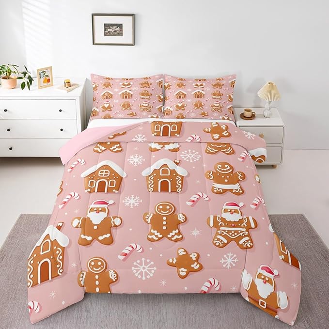 Feelyou Christmas Comforter Set All Season Gingerbread Man Bedding Set with 1 Pillow Cases Santa Microfiber Kids Toddler Bedclothes Snowflake Bedroom Decor Duvet Quilt Breathable Soft Lightweight