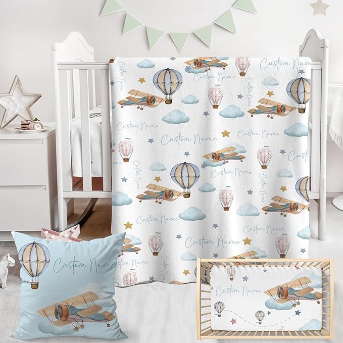 Personalized Baby Crib Bedding Set,3 Piece Custom Name Nursery Set with Blanket, Fitted Sheet & Pillowcase for Baby Girls & Boys, Sky Adventuren Theme(Fixed Size)