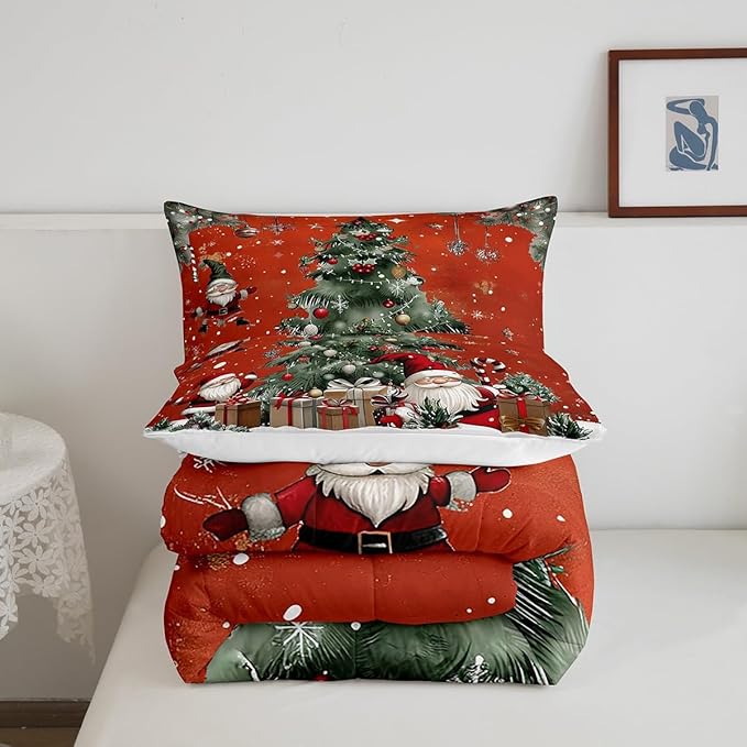 Christmas Theme Comforter Set Twin Size,Snowflake Christmas Tree Bedding Set for Kids Teens Adults Room Decor,Santa Claus Red Quilt Set 2Pcs,X'mas Star Polka Dot Glitter Duvet Insert,1 Pillowcase