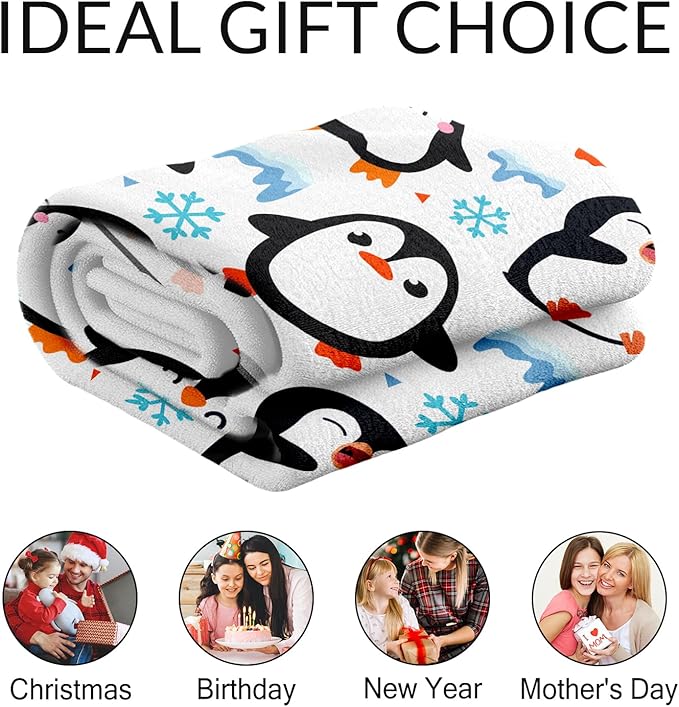 Custom Penguin Gifts for Adult - 60" x 80" Inches Cute Penguin Throw Blanket for Girls - White Soft Furry Throws for Sofa, Bed & Living Room