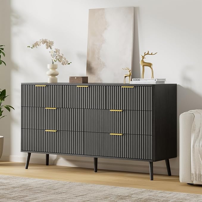 LYNSOM Fluted Dresser and Nightstand Sets 2 Piece, 2-Drawer Nightstands and 7-Drawers Dresser, Wood Bedroom Furniture Set for Home, Bedroom, Hallway, Black
