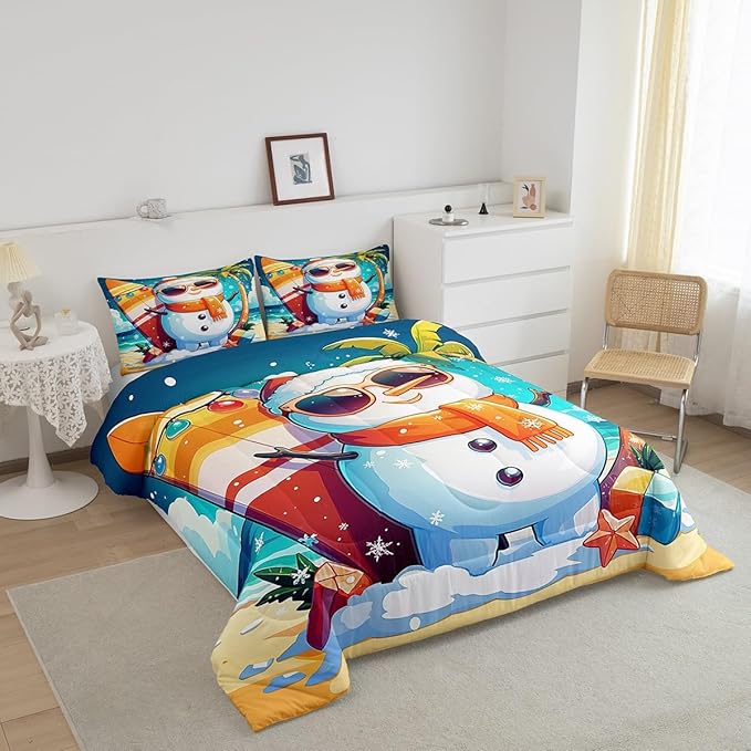 Manfei Cute Snowman Comforter Set King Size, Christmas Theme Bedding Set for Kids Boys Girls, Beach Surfboard Palm Tree Down Comforter for All Season, Lightweight Duvet Insert, 2 Pillowcases