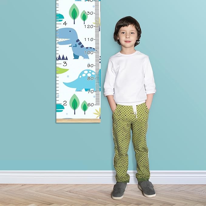 Personalized Kids Name Growth Chart Ruler for Wall Wood Frame Height Measure Chart 13.4x56 in Linen Hanging Height Growth Chart Cute Dinosaur Kids Room Decor