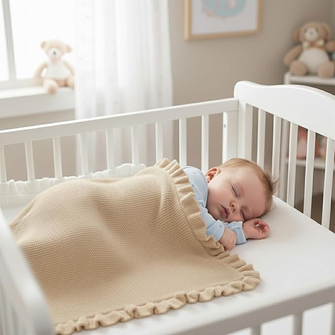 Cotton Baby Blanket with Ruffle Edge Soft Breathable Newborn Blanket for Boys & Girls, Lightweight Knit Throw for Crib, Stroller & Nursery Multiple Colors Available Beige 30x30