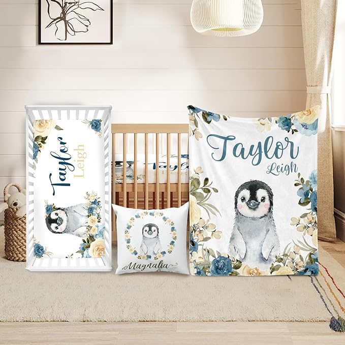 Custom Crib Bedding Set - Penguin Design Personalized Name Baby Nursery Bedding 3 Pcs Set - Chic Soft Blanket, Sheet, Pillowcase for Newborns Boys Girls Gifts Color16