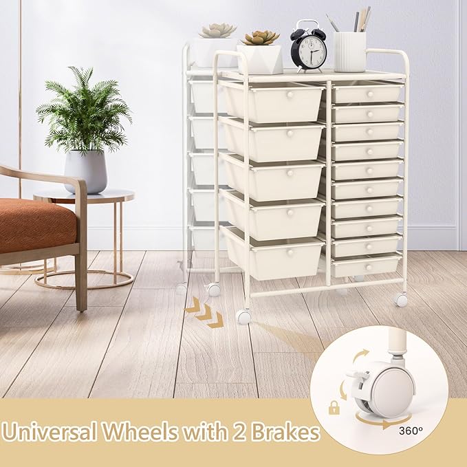 RELAX4LIFE 15-Drawer Storage Drawer Carts - Mobile Rolling Utility Cart w/Wheels, Craft Organizer for Classroom Organization and Storage, School, Office, Home, Storage Organizer Cart (White)