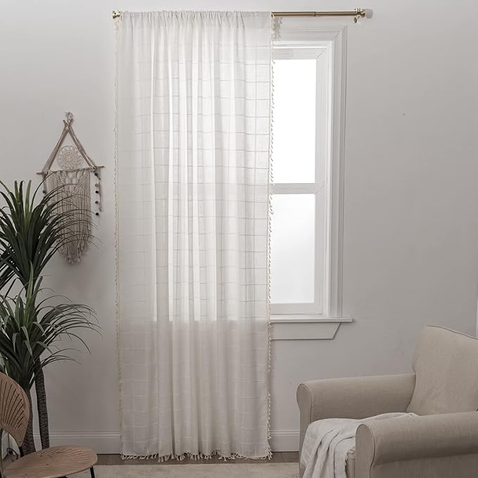 Deeprove White Boho Curtains for Bedroom 96 Inches Long, Cream Checkered Bohemian Chic Textured Embroidery Plaids, Vintage Handmade Tassels Country Decor Drapery, Rod Pocket, 1 Panel W52 x L96