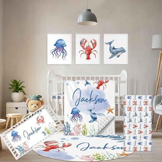 Personalized Crib Bedding Set, 5 Pcs Custom Name Nursery Bedding Sets, Marine Animals Infant Bedding Set for Baby Boy Girl, Double Layer Baby Crib Set, Babies Toddlers Kids Customized Gifts
