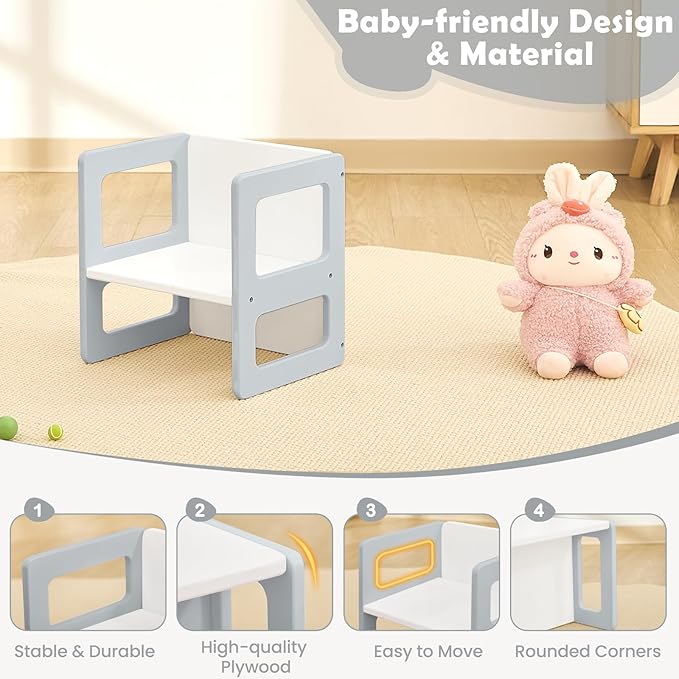 FUNLIO Height Adjustable Montessori Weaning Chair for Age 1-3, Quality Solid Wooden Chair, for Eating/Reading/Playing,Montessori Furniture with CPC Certified - Grey