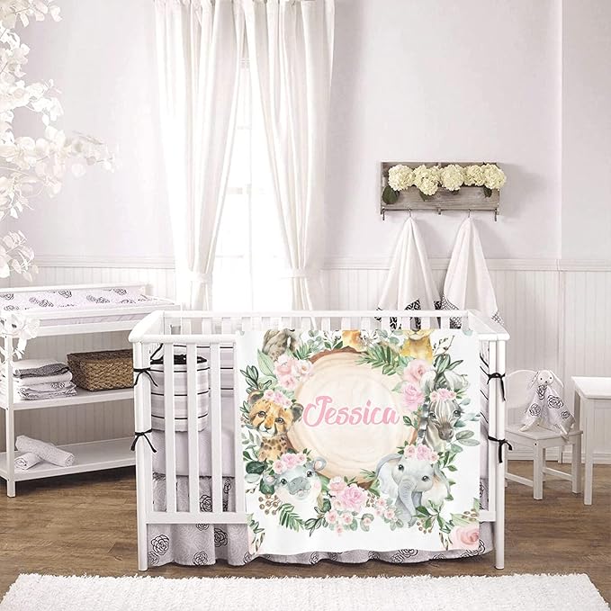 Personalized Cute Jungle Safari Animals Pink Floral Baby Blanket with Name for Girls Boys Custom Nursery Kids Blankets for Baby Shower Birthday Gifts Customized Baby Throw Soft Fleece 30 x 40 inch