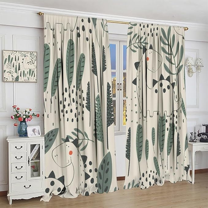 Dinosaur Curtains, Cute Dino Tropical Leaves Plant Beige Green Blackout Window Treatments, Rod Pocket Thermal Insulated Drapes 2 Panel Sets for Children Bedroom Nursery Classroom, 63" W X 72" L