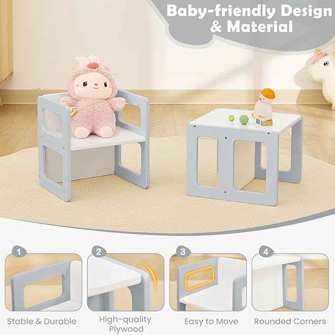 FUNLIO Height Adjustable Montessori Weaning Chair for Age 1-3, Quality Solid Wooden Chair, for Eating/Reading/Playing,Montessori Furniture with CPC Certified - Grey（2pcs）