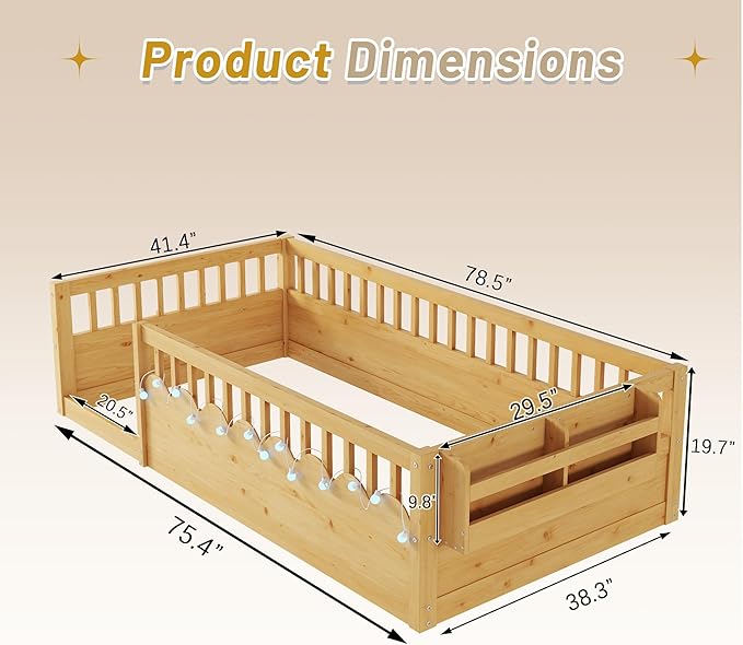 Twin Size Montessori Bed, Wood Twin Montessori Floor Bed with High Rails & Storage Shelf, Baby Floor Beds with LED Light for Boys & Girls, Natural