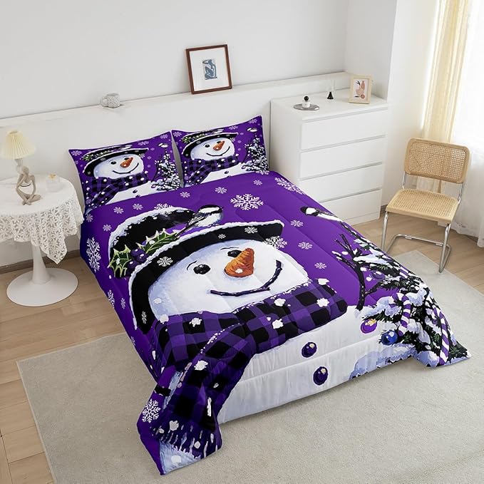 Feelyou Kids Christmas Theme Decorations Bedding Set Xmas Snowman Comforter Set for Boys Girls Snowflake Kawaii Cute Purple Bedroom Collection King Size