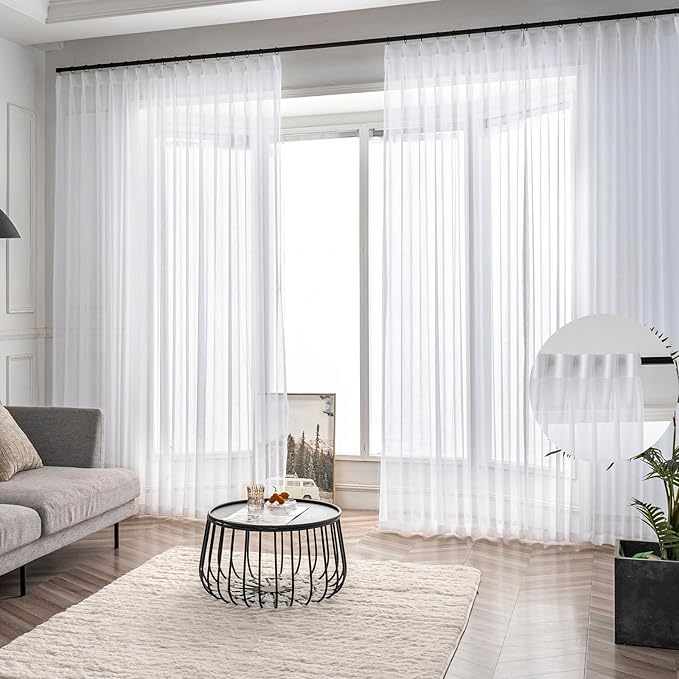 White Sheer Curtains 90 Inch 2 Panels Custom Long, Thin Textured Linen Look Window Sheers, Pinch Pleated Drapes for Living Room, Sliding Glass Door Curtain with Rings & Hooks & Back Tab
