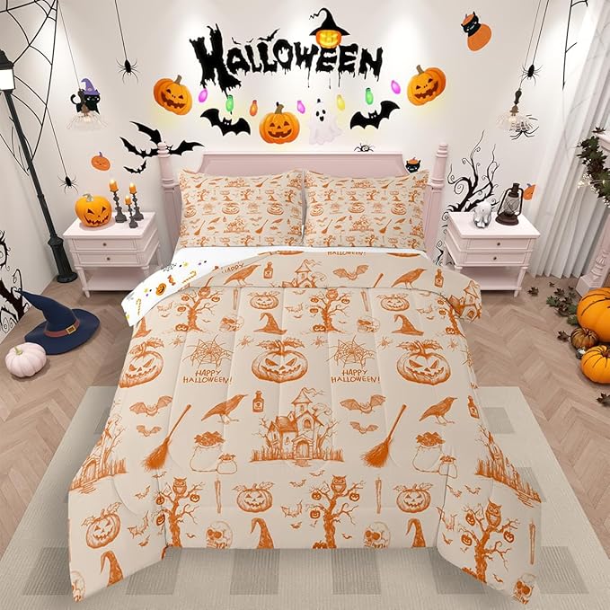 Erosebridal Halloween Bedding Set Orange Pumpkin Bat Comforter Set King Size,Vintage Halloween Decor Quilt for Kids Boys Girls Adults Happy Festival Themed Duvet Insert