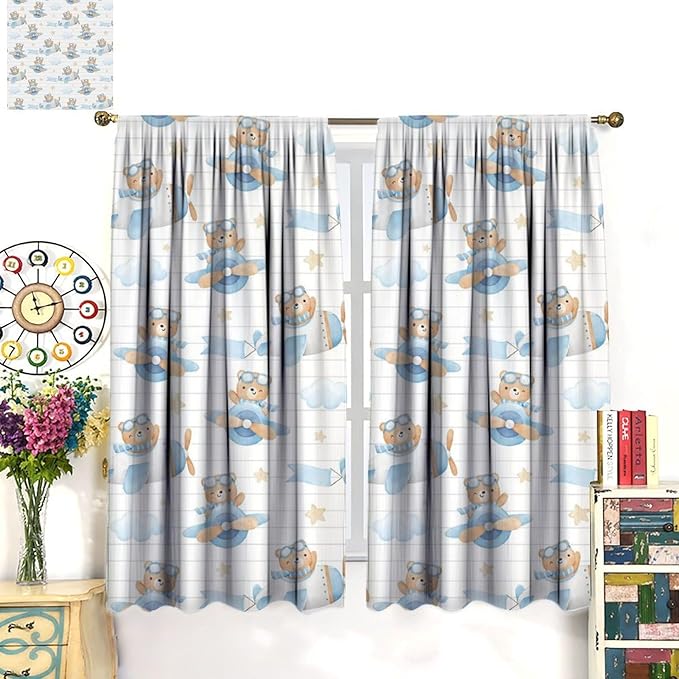Cartoon Bear Curtains, Lovely Bear Adventure Airplane Blue White Stripe Blackout Window Treatments, Rod Pocket Thermal Insulated Drapes 2 Panel Sets for Kids Bedroom Nursery Classroom, 52"W X 84"L