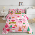 Merry Christmas Kids Comforter Set Full Size,Cute Santa Claus Snowman Deer Bedding Set,Boys Girls Adults Room Decor,Snowflake Christmas Trees Down Comforter,Pink Xmas Duvet Insert,2 Pillowcases