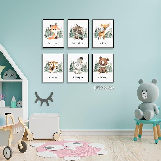 gooptyinh Woodland Nursery Animal Canvas Wall Art, 6 Piece Inspirational Forest Animals Print Posters, Motivational Quotes Cute Bear Fox Rabbit Deer Raccoon Owl Decor for Baby Bedroom 12x16in Unframed
