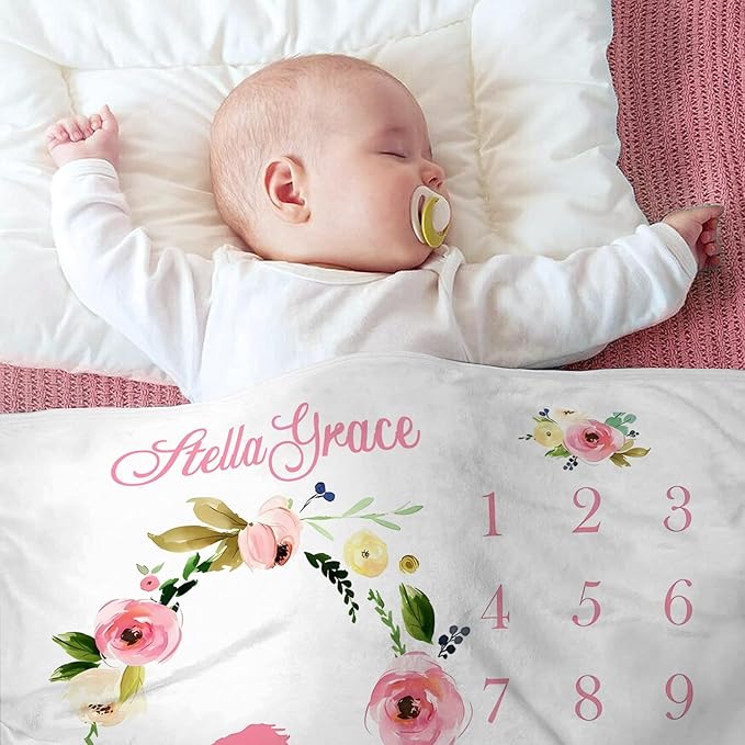 OLIVE OLIVIA Personalized Monthly Baby Milestone Blanket, Baby Months Blanket, Perfect Custom Newborn Gifts,30"x40"