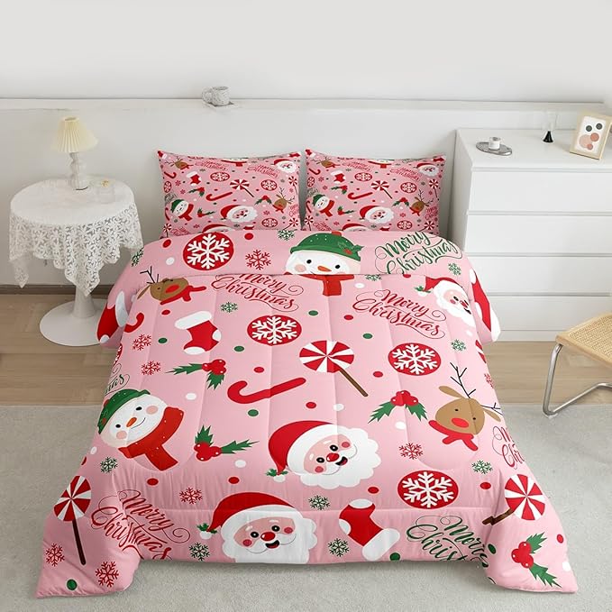 Feelyou Merry Christmas Kids Comforter Set Toddler Size Santa Claus Snowman Bedding Set Deer Berries Duvet Quilt for Kids Boys Girls Bedroom Snowflake Decor Microfiber Ultra Soft Breathable