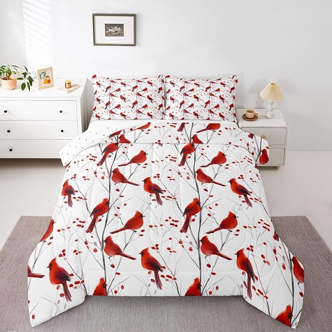 Feelyou Berries and Cardinals Pattern Comforter Set All Season Red Cardinal Bedding Set with 2 Pillow Cases Christmas Kids King Bedclothes Bird Print Decor Animal Decor Duvet Quilt Soft Lightweight