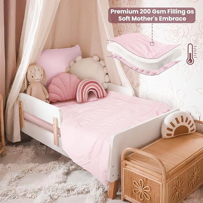 Toddler Bedding Set, Plush Minky Fabric Crib Bedding Set for Girls, Breathable and Soft Baby Crib Bedding Set, Includes Toddler Comforter, Flat Sheet, Fitted Sheet and Pillowcase (Pink)
