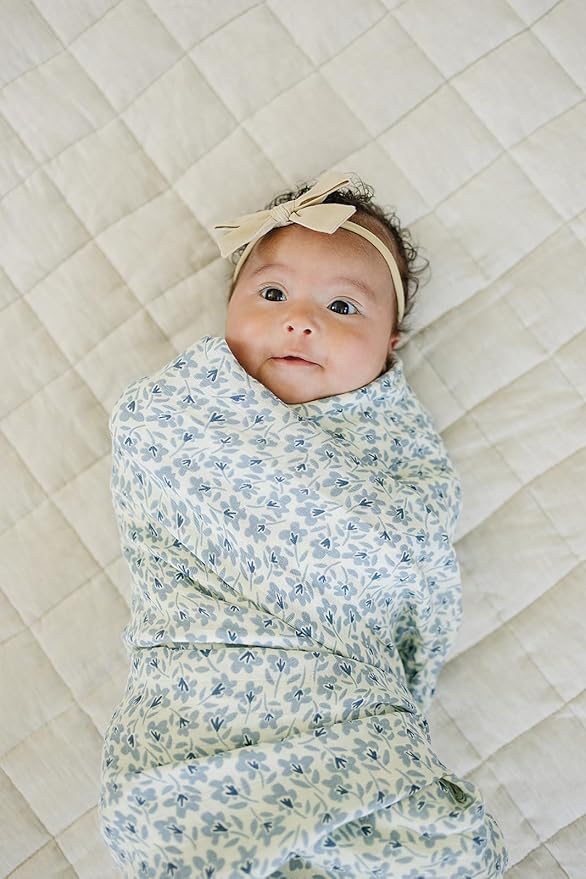 Mebie Baby Blue Blossom Muslin Swaddle, Modern and Neutral Blanket for Baby Girl or Boy, 0-3 Month, Comfy Wrap