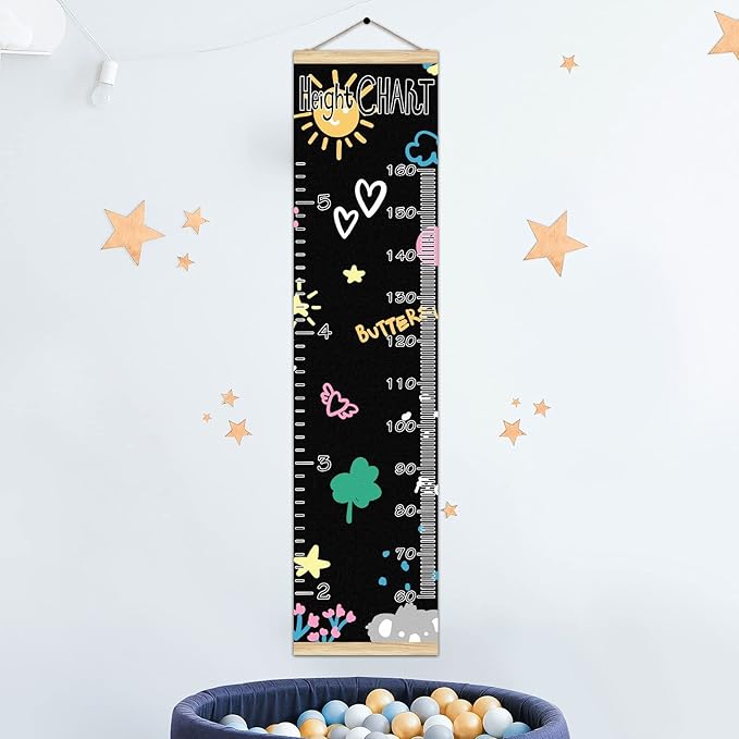 Kids Growth Chart Ruler for Wall Wood Frame Height Measure Chart 13.4x56 in Linen Hanging Height Growth Chart Koala Bear Flowers Rainbow Love Star Kids Room Decor